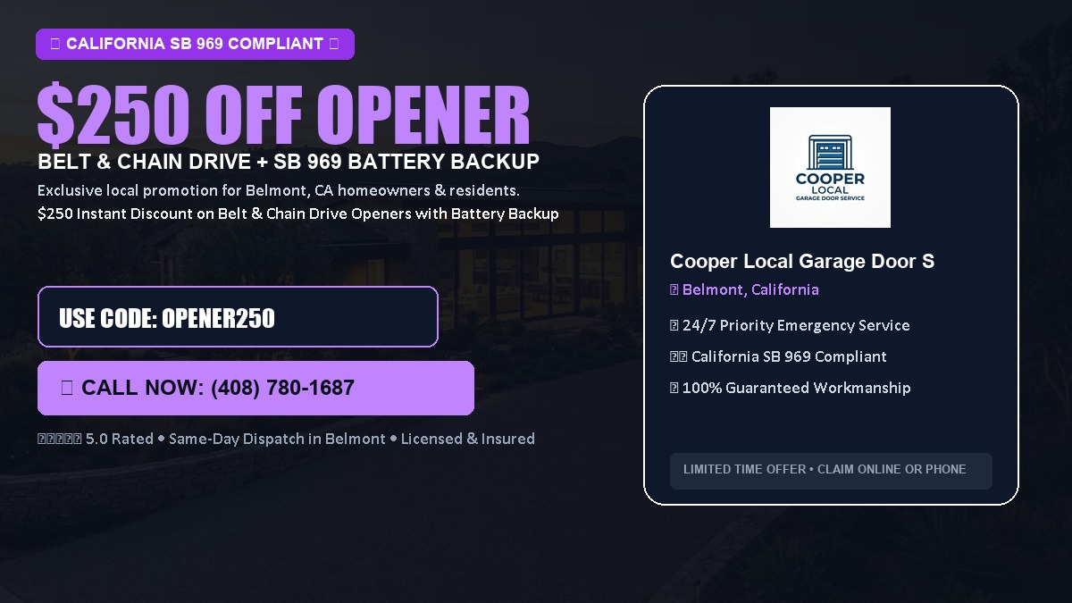 $250 OFF Smart Garage Door Opener Installation (Belt & Chain Drive with California SB 969 Battery Backup) in Belmont, CA